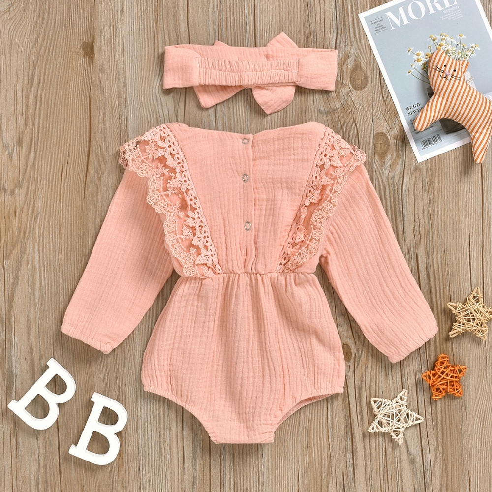 Coral Pink Long Sleeve Lace Muslin Baby Onesie & Matching Bow - Picture 3 of 8